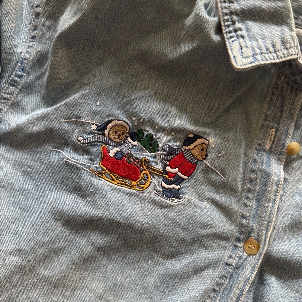 Vintage Christmas Denim Button-Up Shirt with Embroidery - Picture 2 of 9